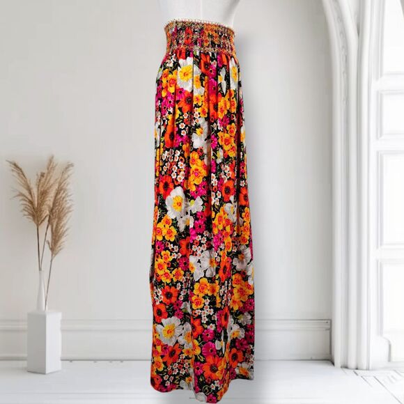 Vintage 70s Flower Power Smocked Tube Dress Size M Dayglo Bark Cloth Maxi Skirt - Picture 4 of 15